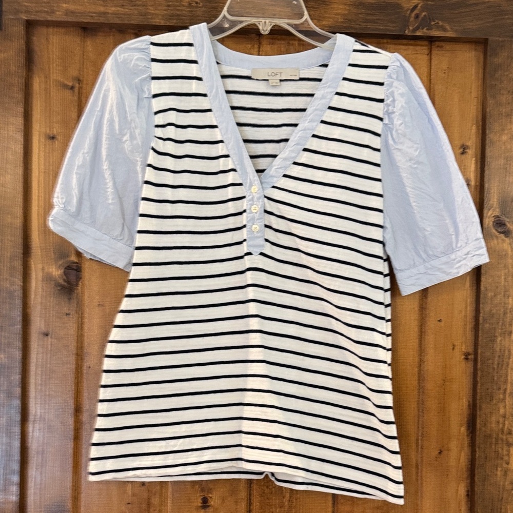 LOFT Striped Henley Top with Light Blue Puff Sleeves